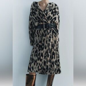Zara Animal Print Jacquard Knit Long Coat, Size S, 2142/183